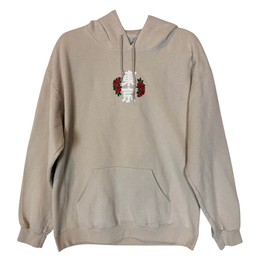 Bowery Supply Co. Hoodie Mens Medium Beige Tokyo‎ Roses Tiger Graphic Streetwear